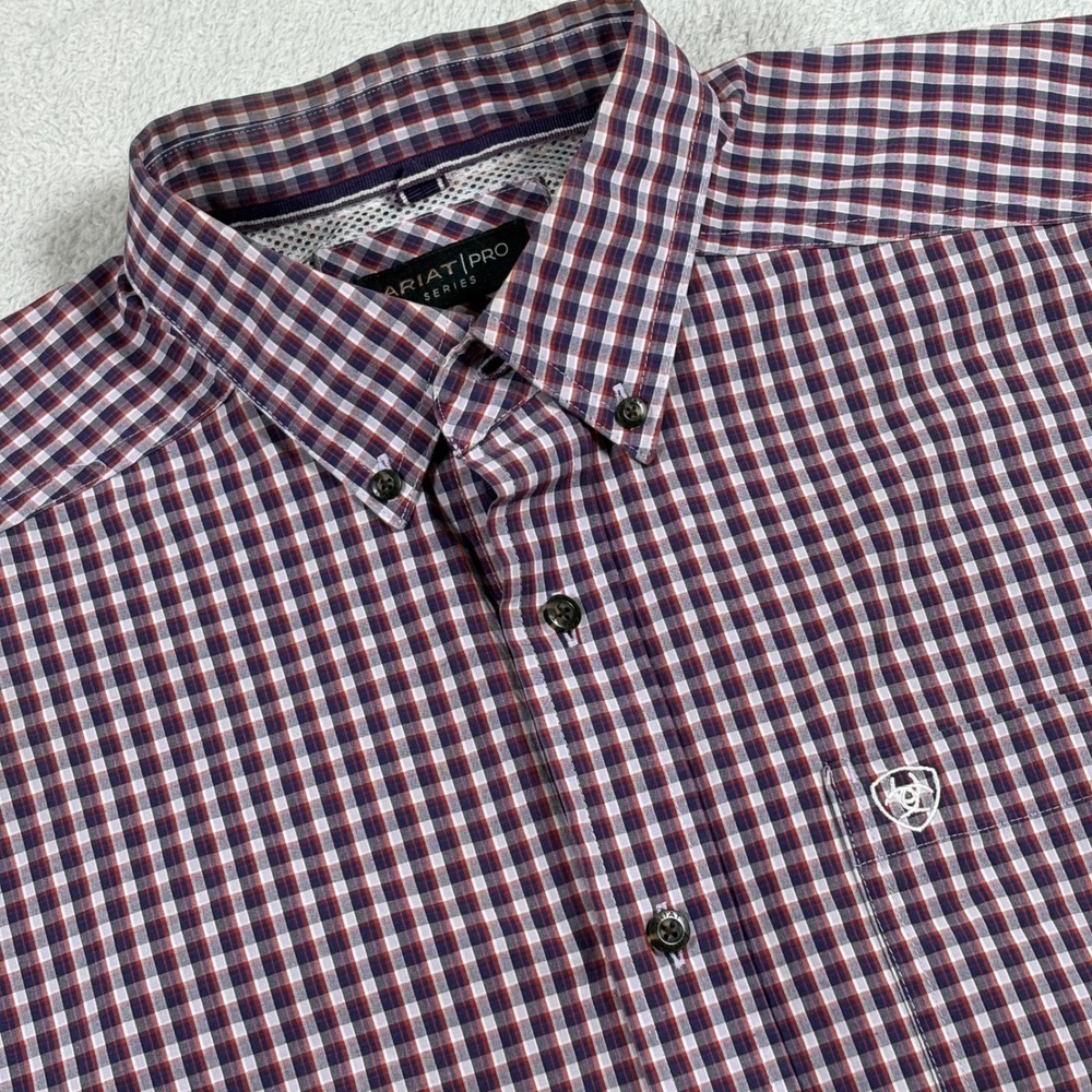 Ariat Pro Series Mens Large Red Blue Plaid Short Sleeve Button Down Shirt